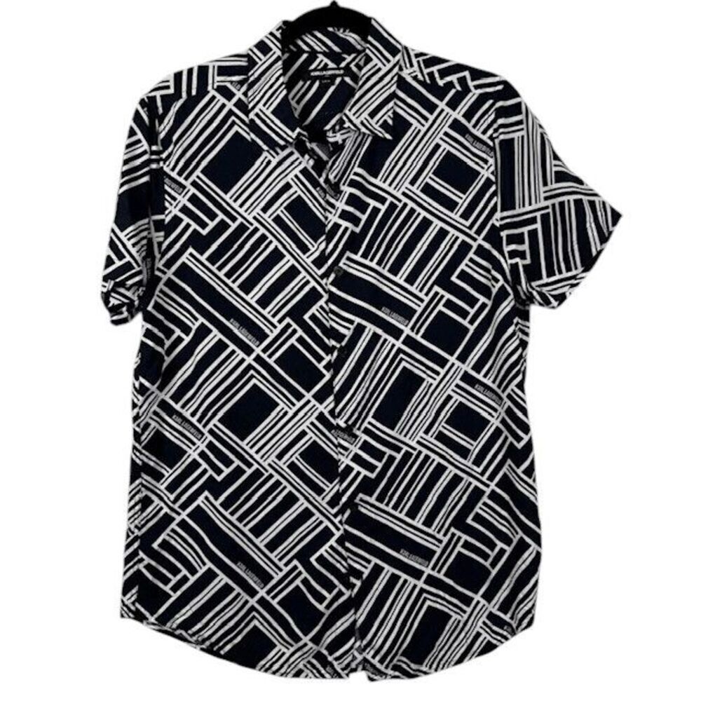 Karl Lagerfeld Logo Print Geo Short Sleeve Button Front‎ Shirt Black White Small